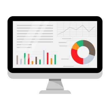 İş grafik verileri, analiz eğilimleri, mali strateji, istatistik ve bilgi tablosu simgeleriyle bilgisayar ekranı. Vektör illüstrasyonu.