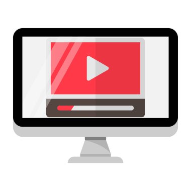 Video düzenleme veya yayın konsepti simgesi. Çokluortam çalma düğmesi sembollü bilgisayar ekranı. Vektör illüstrasyonu.