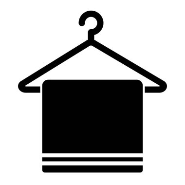 Askı ve havlu ikonu. Oda servisi konsepti siyah ikon. Vektör illüstrasyonu beyaz arkaplanda izole edildi.