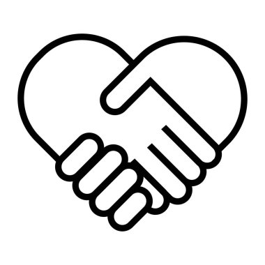 El sıkışma işbirliği kalp şekli logosu. İş anlaşması konsepti ikonu. Vektör illüstrasyonu beyaz arkaplanda izole edildi.