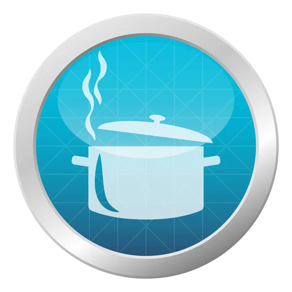 Kochtopf Weißes Symbol Auf Einem Hellblau Glänzenden Kreis Mit Metallrahmen — Stockvektor
