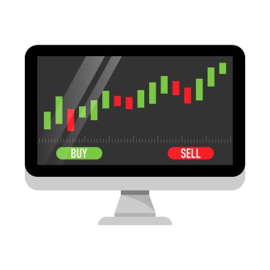 Bir bilgisayar ekranı simgesinde borsa grafiği. Çevrimiçi para, genç para konsepti. Vektör illüstrasyonu.