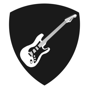 Kalkan sembolünde gitar teli enstrümanı simgesi var. İzole vektör illüstrasyonu.