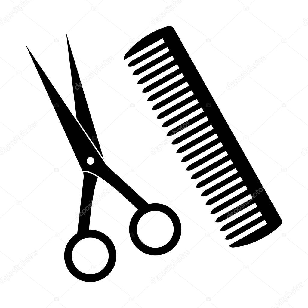 Scissors and comb icon. Barber shop hairstyling equipment symbol isolated on white background. Vector illustration.