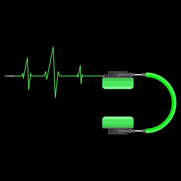 Green Headphones Heartbeat Icon Music Studio Earphones Neon Style Pulse — Stock Vector