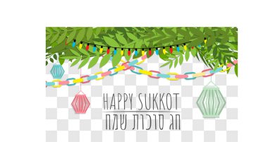 Happy Sukkot Jewish Holiday Poster Sukkah With Decorations Vector Illustration. Hebrew Text Translation: 'Happy Sukkot Holiday'. clipart