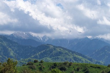 Karlı dağların zirvelerini kaplayan yeşil tepelerin ve bulutların manzarası