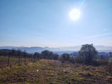 Dağları ve ağaçları olan güzel bir manzara.