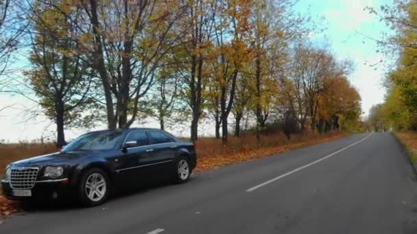 Ylellinen auto tiellä kentällä taustalla — kuvapankkivideo