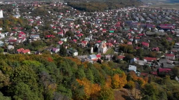 Shora dolů podzimní dřevo. Přírodní pozadí. Letecký pohled shora na podzimní les s barevnými stromy. — Stock video