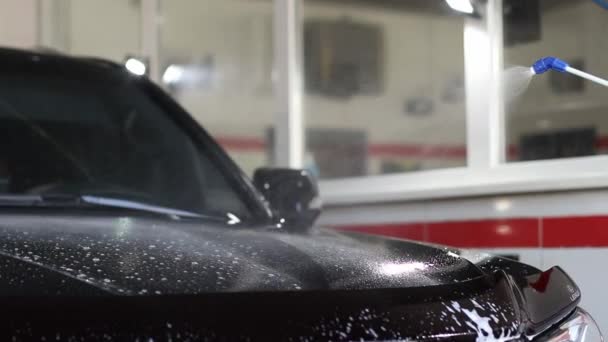 Bilvask - mannen holder mikrofibrene i hånden og vasker bilen – stockvideo