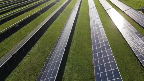 Aerial view of solar power plant, source of ecological renewable energy. Flying over solar panels. — Stock Video