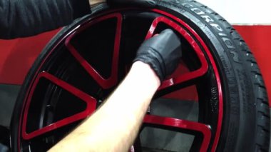 El yıkaması, özel bir hortumla arabasını yıkayan bir adam. El ile taşınabilir araba yıkama. Ayrıntılı ve nazik araba bakımı