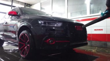 El yıkaması, özel bir hortumla arabasını yıkayan bir adam. El ile taşınabilir araba yıkama. Ayrıntılı ve nazik araba bakımı