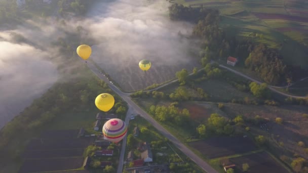 Sunet 산 아름 다운 풍경 배경 화창한 휴가 여행 대상 개념에서 아름 다운가 숲에 화려한 레드 블루 옐로우 색상 뜨거운 공기 Baloons 공중 무인 항공기 비행 — 비디오