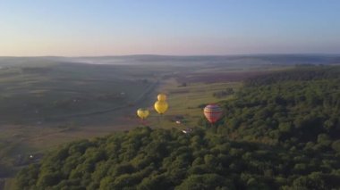 Renkli Kırmızı Mavi Renkler Sıcak Hava Balonları Güzel Sonbahar Ormanı üzerinde Sunet Dağları Güzel Manzara Güneşli Arka plan Seyahat Seyahat Konsepti