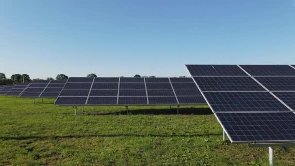 Aerial view of solar power plant, source of ecological renewable energy. Flying over solar panels. — Stock Video