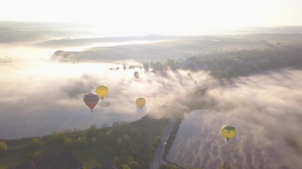 Кольорові червоні блакитні жовті кольори Гарячі повітряні балони Повітряний дрон Політ над красивими осінніми форрествами на Sunet Mountains Прекрасний ландшафтний тло Погляд сонячної відпустки Туристична мета Концепція призначення — стокове відео