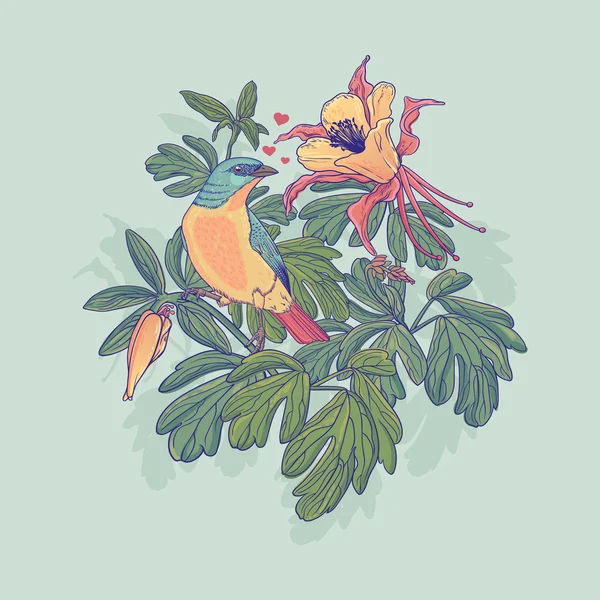 Illustration eines Vogels und Blumen — Stockvektor