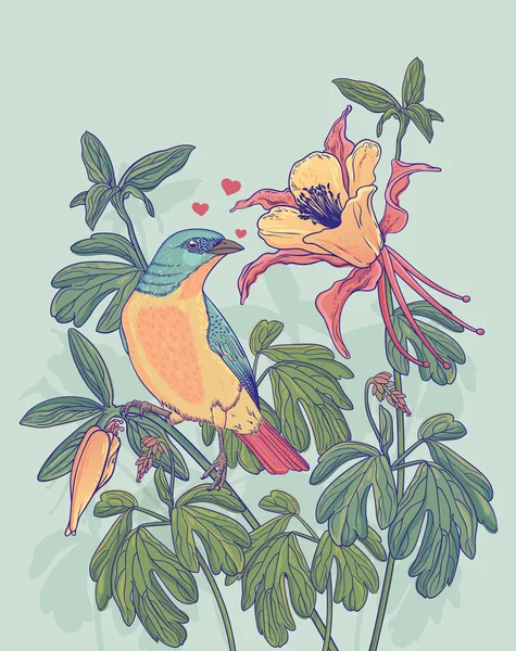 Иллюстрация птицы и цветов — стоковый вектор