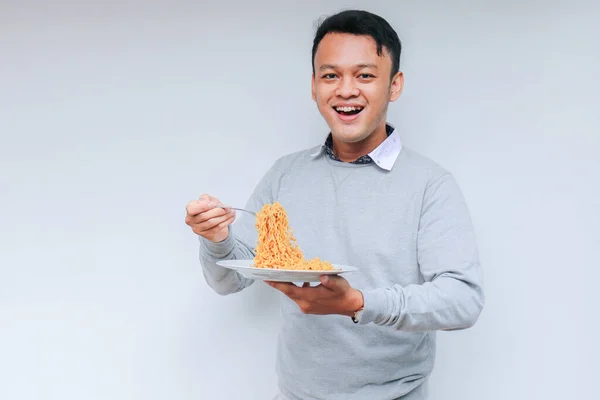 Portrait Happy Young Asian Man Enjoys Noodles Eating Lunch Concept — Stock Photo, Image