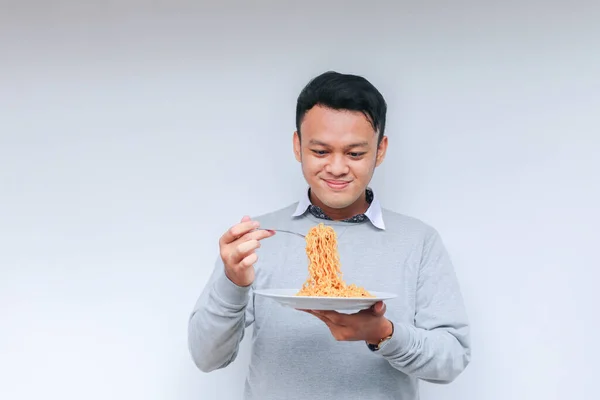 Portrait Happy Young Asian Man Enjoys Noodles Eating Lunch Concept — Stock Photo, Image