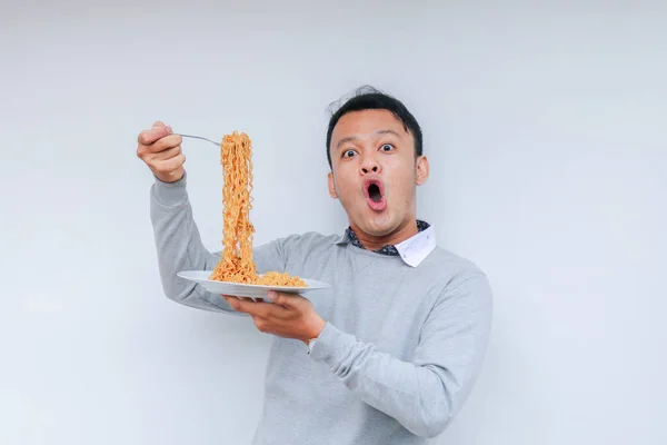 Portrait Shock Wow Young Asian Man Enjoy Noodles Eating Lunch — Stock Photo, Image