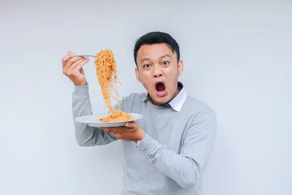 Portrait Shock Wow Young Asian Man Enjoy Noodles Eating Lunch — Stock Photo, Image