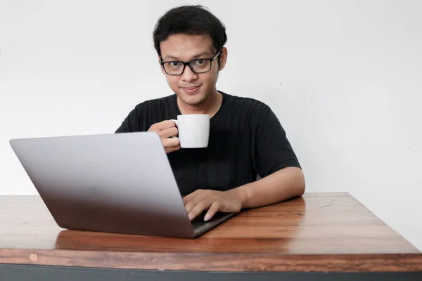 Young Asian Man Smile Enjoy Working Home Laptop Cup Coffee — Stock Photo, Image
