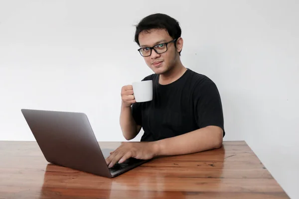Young Asian Man Serious Work Thinking Front Laptop Indonesia Man — Stock Photo, Image