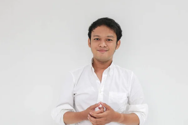 Portrait Young Funny Asian Man White Shirt Looking Camera Smile — Stok Foto