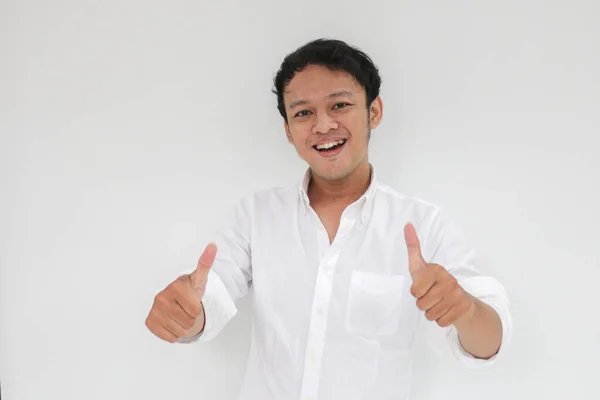 Young Asian Man Wear White Shirt Happy Smiling Face Thumbs — Stock Photo, Image