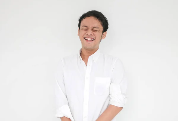 Portrait Young Funny Asian Man White Shirt Looking Camera Smile — Stok Foto