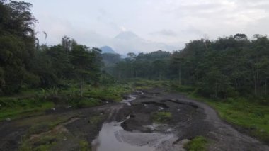 Merapi Dağı manzarası, pirinç tarlası ve Endonezya Volkanik Manzarası Yogyakarta köyü..