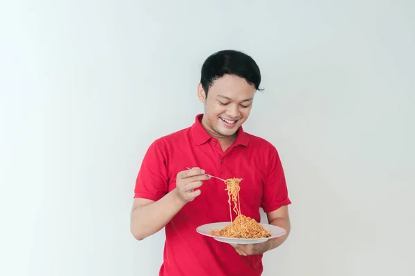 Portrait Happy Young Asian Man Enjoys Noodles Eating Lunch Concept — Stock Photo, Image