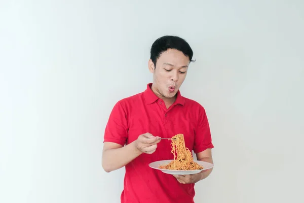 Portrait Shock Wow Young Asian Man Enjoy Noodles Eating Lunch — Stock Photo, Image