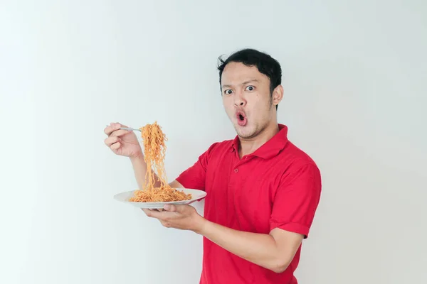 Portrait Shock Wow Young Asian Man Enjoy Noodles Eating Lunch — Stock Photo, Image