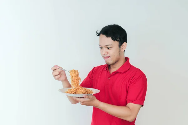 Portrait Happy Young Asian Man Enjoys Noodles Tongue Out Eating — Stock Photo, Image