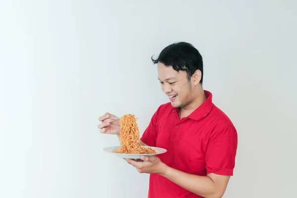 Portrait Happy Young Asian Man Enjoys Noodles Eating Lunch Concept — Stock Photo, Image