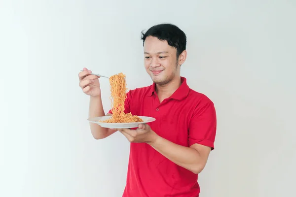 Portrait Happy Young Asian Man Enjoys Noodles Eating Lunch Concept — Stock Photo, Image