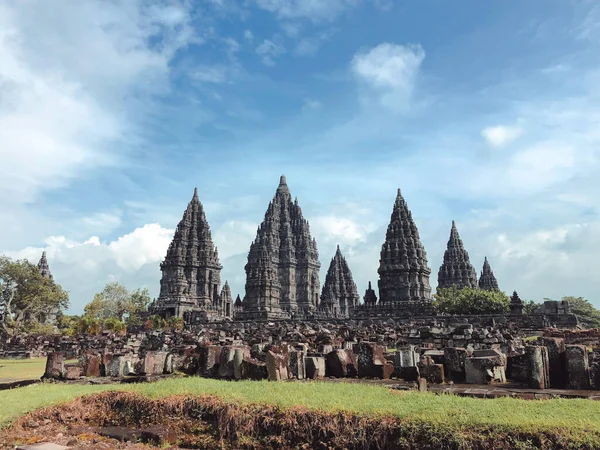 Shrine of Prambanan Hindu temple compound included in world heritage list. Monumental ancient architecture, carved stone walls. Yogyakarta, Central Java, Indonesia