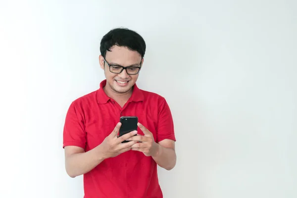 Smart Young Asian Man Happy Smiling Using Smartphone Studio Background — Stock Photo, Image