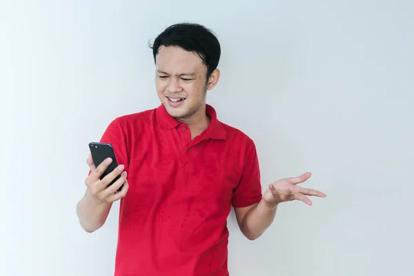 Smart Young Asian Man Confused Stresses Look Smartphone Studio Background — Stock Photo, Image