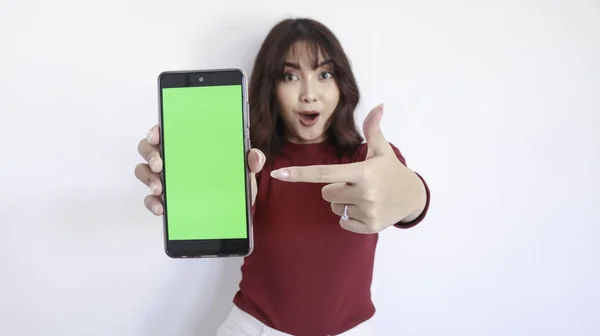 Wow Shock Azji Piękne Dziewczyna Punkt Zielony Ekran Telefon Rozmytym — Zdjęcie stockowe