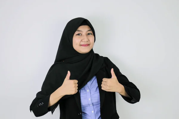 Sign Smile Asian Islamic Business Women Standing Confidence — Stock Photo, Image