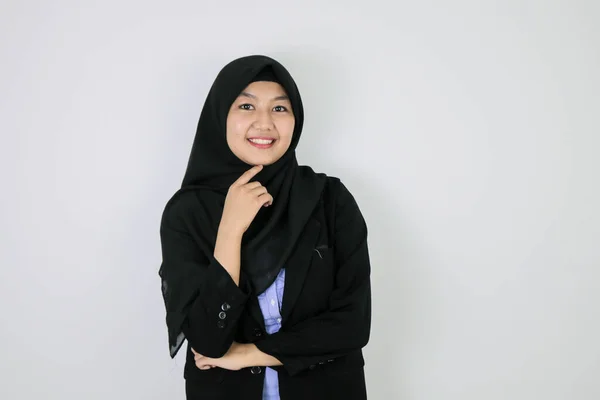 Geste Heureux Rêveur Jeune Femme Asiatique Islam Portant Foulard — Photo