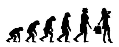 Kadın evriminin resmedilmiş teorisi. Homo sapiens 'in vektör silueti. Maymundan alışverişe kadar sembol.