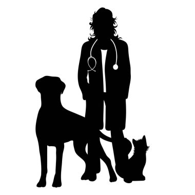 Hasta köpeği ve kedisi beyaz arka planda olan doktor veterinerinin vektör silueti. Sağlıklı ve hastanenin sembolü.