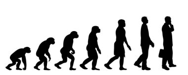 İnsan evriminin resmedilmiş teorisi. Homo sapiens 'in vektör silueti. Maymundan iş adamına sembol.