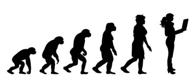 İnsan evriminin resmedilmiş teorisi. Homo sapiens 'in vektör silueti. Maymundan iş kadınına sembol.